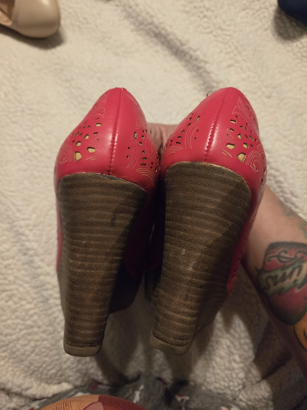 Restricted Red Lace-Up Peep Toe Wedges - Picture 4 of 5